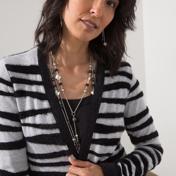 Chico’s black gray open front Colorblock striped cozy fringe tunic cardigan, M - Picture 10 of 10